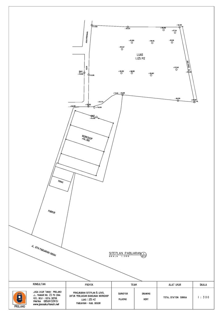 Pengukuran siteplan tanah dan level untuk rencana perluasan workshop di cibinong